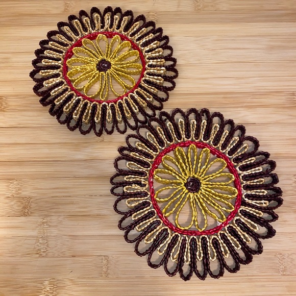 Vintage Other - Set of 2 Vintage Wicker Trivet Woven Rattan Pot Holder Purple Pink Yellow 8”